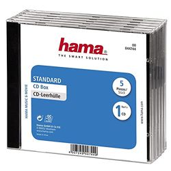 Hama CD Jewel Case Standard, Pack 5 C-Shell Case 1discos Negro, Transparente - Fundas para Discos ópticos (Pack 5, C-Shell Case, 1 Discos, Negro, Transparente, Poliestireno, 140 mm, 10,4 mm)