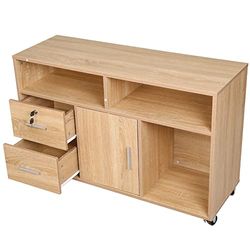 BAKAJI Meuble Porte imprimante Bois 3 étagères 2 tiroirs avec clé Armoire, d'ingénierie, Chêne, Standard