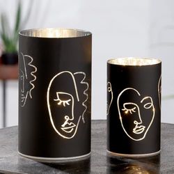 Pack van 4 lantaarns (LED), gezichtsmotief, glas, zwart, PU 4, 2 gesorteerd, H 19 cm, D. 10 cm