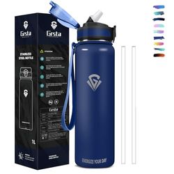 Grsta Drinking Bottle, 1 Litre, Stainless Steel, BPA-Free, Drinking Bottle with Straw, Cold and Warm, Double Wall Insulation, Drinking Bottle Hiking for Carbonated Drinks, for Fitness, Camping
