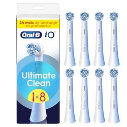 Oral-B Lot De 8 Brossettes De Rechange Ultimate Clean, AUTHENTIQUES, Blanches, Brossage En Profondeur, Elimination De La Plaque Dentaire, Brossette Ronde Pour Les Brosses Electriques Oral B iO