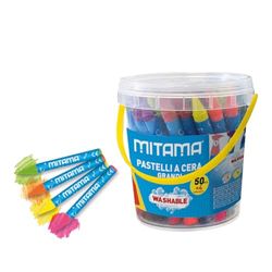 Mitama - Pot de crayons à grande cire, pot de 50 + 4 pastels offerts - 34 couleurs vives, 20 couleurs fluo - Lavables - Couleurs scolaires - Pastels Trousse scolaire