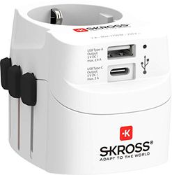 SKROSS | 1.302462 | PRO Light USB | Universele 2-3 Polige Reisadapter met 1 USB Type-C: 3,0 A, 1 USB Type-A: 2,4 A. Spanning en vermogen: 100V–700W/250V–1750W. Bescherming tegen elektrische schokken