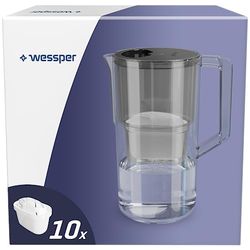 Wessper Aqua Max Basic vattenhällare 2,5 l kompatibel med Brita Maxtra, vattenfiltreringssystem för att minska kalk, klor, 10 vattenfilterpatroner, svart