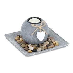 Relaxdays Set de Portavelas con Bandeja y Piedras Decorativas, 15,5 x 15,5 cm, Decoración de Mesa, Candelero, Gris, Tablero de Fibras