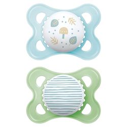 MAM Chupeta, 2-6 meses, com étina simétrica, plana e flexível de silicone Skin Soft Silicone de fácil aceitação, com caixa auto-esterilizadora, original, azul brilhante, pack de 2 unidades, dia