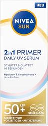 NIVEA SUN 2-i-1 Primer Daily UV Serum SPF 50+, parfymfri solkräm för mjukare ansiktshud med hyaluron och antioxidant, snabbabsorberande ansiktsvård med SPF (30 ml)