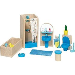 Goki 51903 - Muebles de baño para casita de muñecas, 17 Piezas