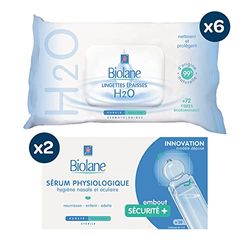 BIOLANE - 6 Lingettes nettoyantes épaisses H2O à l'eau (432 Lingettes) Bébé - 60 Sérum Physiologiques - Change et Toilette - Nettoie - Bébé - Peaux Sensibles - Dès la naissance - Fabriqué en France