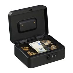 relaxdays Caisse à Monnaie, avec Combinaison à 3 Chiffres, Rangement d’Argent en Fer, H x L x P 8,5 x 20 x 17 cm, Noir