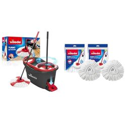 Vileda Turbo Mop Easy Wring & Clean con secchio a pedale, manico telescopico da 85-130 cm & Easywring e Clean Turbo Classico in Microfibra mop Refill Head, Microfibra, White, Twin Pack