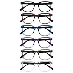 OPULIZE LEO Occhiali da lettura - Pacco da 6 - Montatura rettangolare grande - Nero/Marrone/Blu/Viola/Grigio/Chiaro - Uomini Donne - RRRRRR55-12357C - +1.50