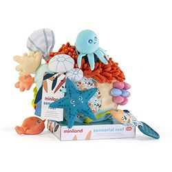Miniland Sensorial Reef. Centro de Actividades para Bebe, Estimulación Sensorial Marina con Texturas, Mordedor, Sonajero Extraíble y Sonidos para Desarrollo Infantil