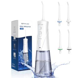 Irrigador bucal recargable, limpiador dental eléctrico portátil de 250 ml, 3 modos y 4 boquillas de repuesto, irrigador bucal impermeable IPX7, adecuado para el cuidado bucal y la limpieza