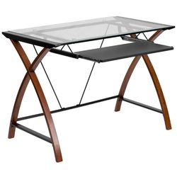 Flash Furniture Secretária de computador Jude de vidro temperado com bandeja de teclado removível e moldura cruzada, secretária de computador pequena para escritório em casa, cor cereja e transparente