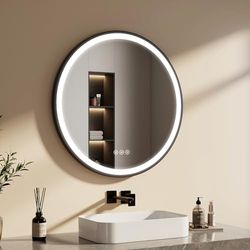 EMKE Specchio bagno rotondo 80 cm, specchio rotondo con interruttore tattile e funzione antiappannamento,3 colori di luce,specchio tondo bagno cornice nera e tracolla regolabile