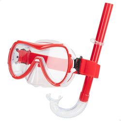 AKTIVE Aqua Sport 54242 Kit de Lunettes de plongée pour Enfant, Masque réglable, Tube de plongée, sans Latex, hypoallergénique, 2 Couleurs, Noir, Rouge, Envoi aléatoire, Filet de Transport, 12 Ans