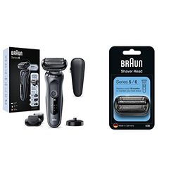 Braun Series 6 Electric Shaver + Series 5/6 Replacement Head Bundle: with Beard Trimmer, Charging Stand & Travel Case, 100% Waterproof, UK 2 Pin Plug, 60-N4500cs, Grey Razor + Shaver Head, 53B, Black