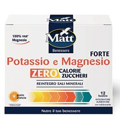 Matt, Magnesio e Potassio Forte, Integratore Alimentare Concentrato Senza Zuccheri e Senza Calorie, Utile per il Reintegro dei Sali Minerali, Riduce la Stanchezza, Gusto Arancia, Confezione 12 Bustine