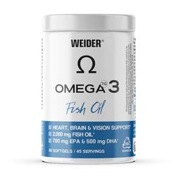 Weider Omega 3 (90 Gélules) Acides Gras EPA et DHA, enrichi en Vitamine E, soutient le fonctionnement normal du coeur, du cerveau et de la vue