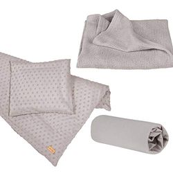 roba Set Regalo per Neonati Lil Planet - 3 Pezzi - Cuscino Piccolo a Maglia - Lenzuolo in Jersey - Coperta Lavorata in Maglia 80 x 80 cm - Materiale Biologico - 80% Cotone e 20% Poliestere - Grigio