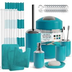 Clara Clark Ensemble d'accessoires de Salle de Bain, Rideau de Douche et Tapis, 23 pièces, Rideau de Douche avec Doublure, Distributeur de Savon, Porte-Savon, Porte-Brosse WC, Poubelle, Bleu Sarcelle