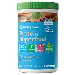 Amazing Grass Protein Superfood, Poudre Alimentaire de Protéines Bio et Végane aux Fruits et Légumes, Saveur Vanille, 11 Portions, 363 g