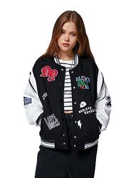 Koton Dames Pocket Detail Ribbed Printed Embroidered Varsity Jacket, zwart (999), XL