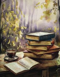 Watercolor Books and Coffee Design Composition Notebook 8.5 x 11 Inch, 150 Pages, College Ruled: Great for School, Note-taking or Journaling