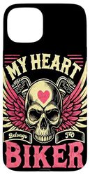 Il mio cuore appartiene a un motociclista, una motocicletta, Custodia per iPhone 15 Plus