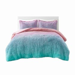 Mi Zone Winter Faux Fur Comforter Set for Girls Bedroom Decor, Trendy Vibrant Ombre Color, Down Alternative, Warm, Cozy & Soft Fluffy Bedding with Matching Sham, Full Queen Purple Multi 3 Piece