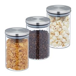 Relaxdays Set da 3 Barattoli per Alimenti, Recipienti in Vetro con Coperchio Acciaio Inox, 800 ml, Trasparente Argentato, Silicone