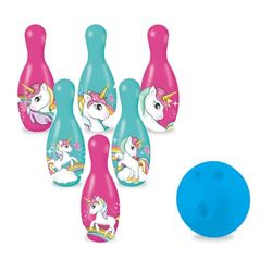 Mondo Toys – Enhörningsbowlingset för barn, inklusive 1 boll och 6 enhörningstemakoner – sportleksak – lek för barn 2 3 4 år – 28526