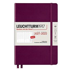 LEUCHTTURM1917 363892 Agenda scolaire semainier avec couverture rigide Format moyen (A5), 18 mois, port rouge, anglais