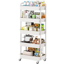 Sywhitta 5-Tier Plastic Rolling Utility Cart with Handle, Multi-Functional Storage Trolley for Office, Living Room, Kitchen, Movable Storage Organizer with Wheels, White