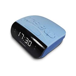 Metronic 477033 - Rádio despertador digital com relógio LED branco para mesa com função de alarme duplo, Sleep/Snooze e sintonizador de rádio AM/FM com memória para 20 emissoras, cinzento / azul