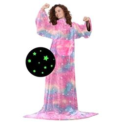 Kanguru Glow Rainbow Wearable Blanket with Sleeves Women, Glow in the Dark, Warm Fleece Blanket as Gift for Her, Cosy TV Blankets with Front Pocket, Present for Adults, Single, 140 x 180 cm (55x70 in)