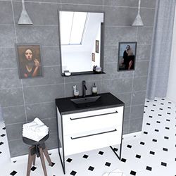 AURLANE Pack Meuble Salle de Bain 80x50 Blanc -2 tiroirs Noir - Vasque Noir Effet Pierre et Miroir Noir Mat