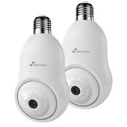 NIVIAN Draadloze bewakingscamera, type gloeilamp, 2 K, 360 graden beweging, met audio, detectie en bewaking van mensen, nachtzicht, compatibel met Alexa, Google Home, Tuya-app (verpakking van 2