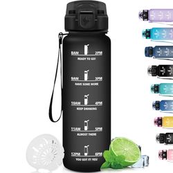 Grsta Waterfles, 1 l, lekvrij, motiverende waterfles met tijdschaal, gemakkelijk te reinigen, voor sport, fitness, wandelen, fietsen, zwart