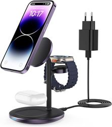 Stazione di ricarica 3 in 1 per più dispositivi, stazione di ricarica induttiva da 15W, supporto di ricarica Mag Safe per iPhone 15 14 13,iWatch Ultra 2/1,Series 9,AirPods,caricatore Mag Safe