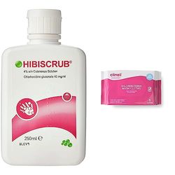 Hibi 9X0032 Hibiscrub Antimicrobial Skin Cleanser, 250ml & Clinell Chlorhexidine Wash Cloths - Body Wipes, Rinse Free Solution, Kills Bacteria, Dermatologically Tested - Pack of 8 Cloths (Pink)