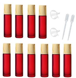 10 Stück Frosted Glass Essential Oils Roll on Bottles,10ml Refillable Massage Roller Bottles Perfume Bottles with Stainless Steel Ball Wood Grain Cap Empty Travel Roller Essential Oils Vials(Rot)