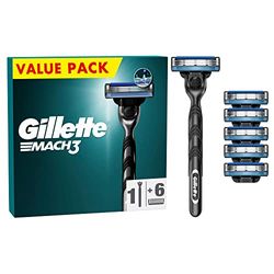 Gillette Mach3 Scheersysteem Met 3 Mesjes Voor Mannen, 1 Handvat, 6 Navulmesjes, Met Handgreep Van Roestvrij Staal