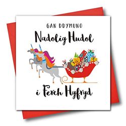 Welsh Language Embellished Christmas Greeting Card, GAN Ddymuno Nadolig Hudol I Ferch Hyfryd, Wishing A Lovely Daughter A Magical Christmas, Unicorn Sleigh