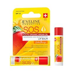 Eveline Cosmetics SOS Exotic Mango Bálsamo labial - Nutritivo y regenerador con aceite de argán y manteca de mango, protección SPF 10, hidratación duradera