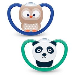 NUK Space Chupeta, 6-18 meses | Chupetes com ventilação adicional para peles sensíveis, silicone sem BPA, coruja/panda | 2 unidades