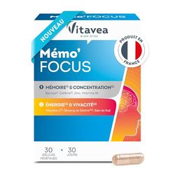 VITAVEA BIEN-ETRE - Mémo'Focus - Complément alimentaire mémoire, concentration et vitalité - Bacopa, Caféine, Zinc, Vitamine B1, Vitamine C, Ginseng - 30 gélules - 30 jours - Fabriqué en France
