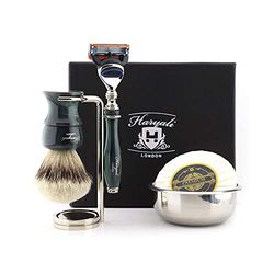 Haryali London 5Pc Mens Shaving Kit with 5 Edge Cartridge Razor, Silver Tip Badger Hair Shaving Brush, Stand, Bowl and Soap Perfect New Year Gift Set for Men