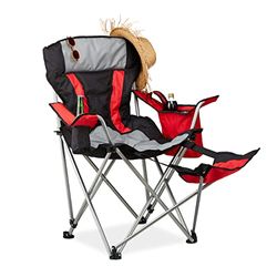 Relaxdays Silla Camping Plegable con Reposapiés, Playa, Jardín, Exterior, Terraza, Acero-Poliéster, 1 Ud., Negro-Rojo